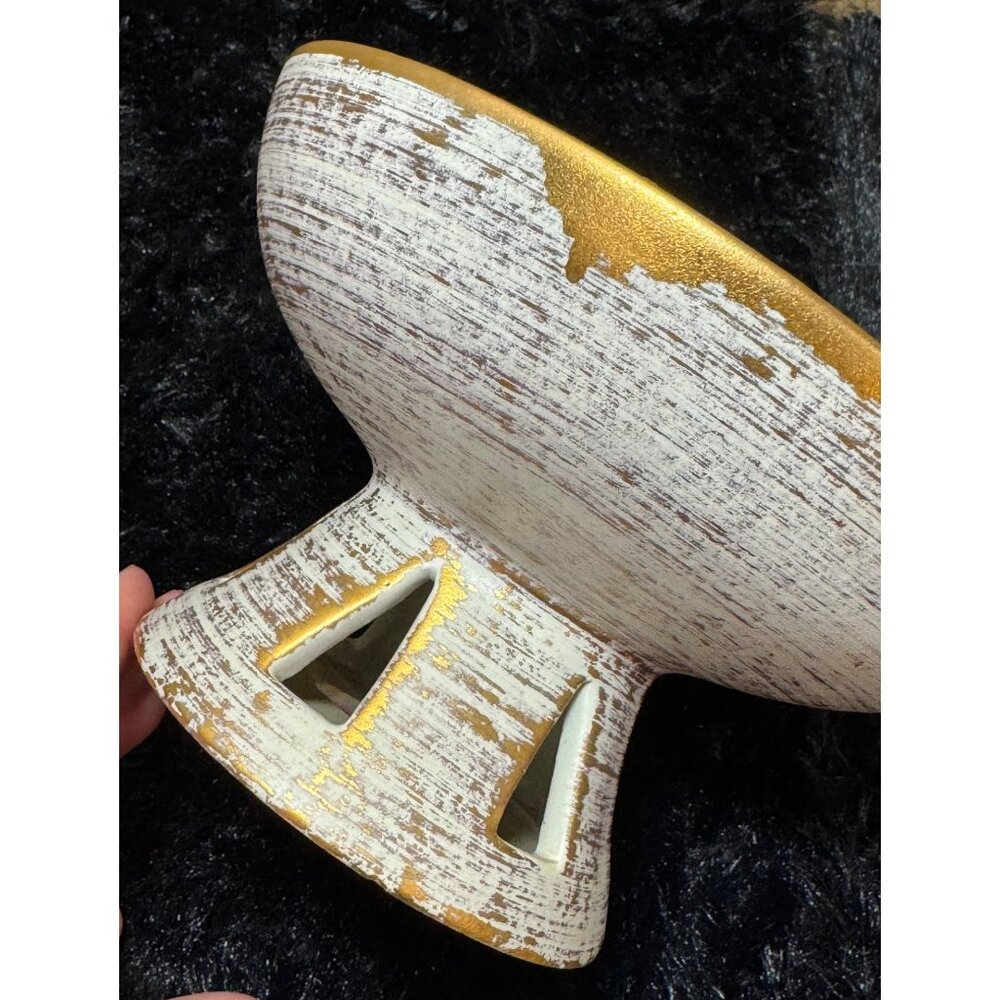 Vintage Haeger Royal Pedestal Bowl Gold Tweed Glaze 22K Gold Accents USA-Made - Picture 7 of 8